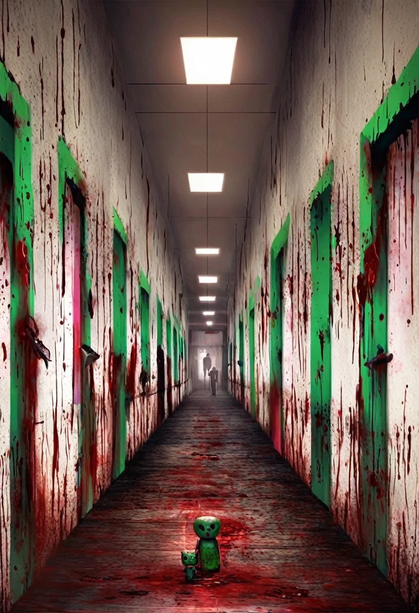 huge hallway, full with dangerous looking doors, the lights kinda red and blood on the floor with dead living cute and ugly dolls pieces of the body, 4 creepy mask skull face with pupils red eye living dolls holding a small sharp knife and staring at the human, 5'0 height kid and holding a green dog doll and standing on the floor with blood