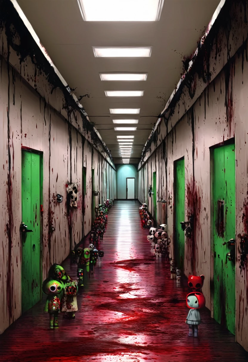 huge hallway, full with dangerous looking doors, the lights kinda red and blood on the floor with dead living cute and ugly dolls pieces of the body, 4 creepy mask skull face with pupils red eye living dolls holding a small sharp knife and staring at the human, 5'0 height kid and holding a green dog doll and standing on the floor with blood