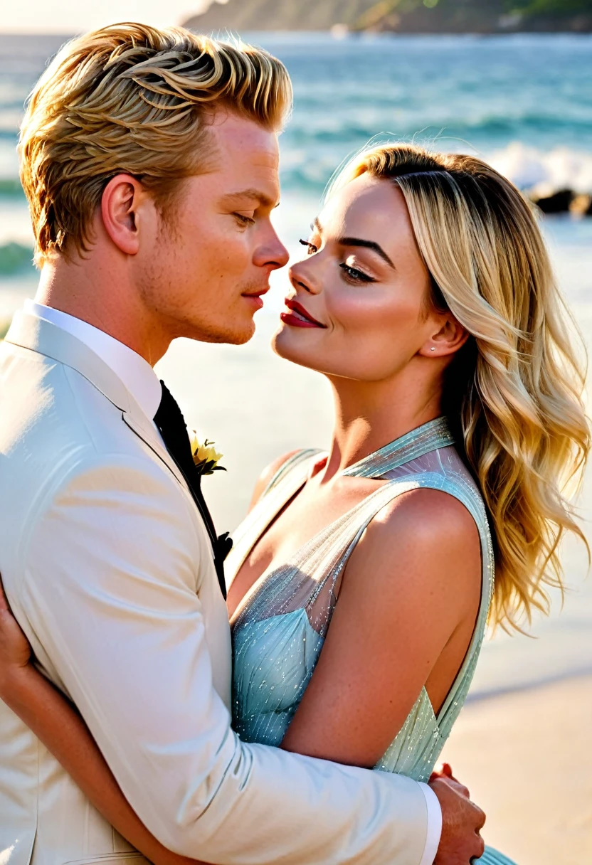 4kA imagem mostra uma mulher e um homem em um beijo apaixonado. The woman is dressed in a shiny dress and is kissing, while the man hugs her. A cena se passa em uma praia, com o mar ao fundo. The image is framed by an old photo, giving it a nostalgic and charming look.