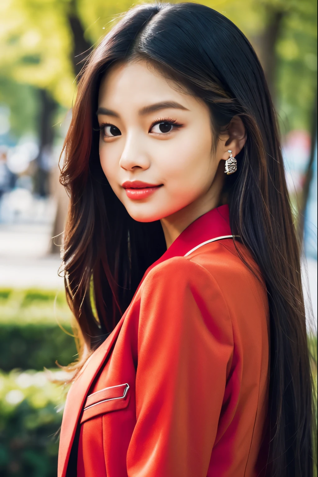 a close up of a woman wearing a red jacket and a black top, blackpink jennie, tzuyu from twice, portrait of jossi of blackpink, jaeyeon nam, jossi of blackpink, roseanne park of blackpink, park ji-min, heonhwa choe, lee ji - eun, lee ji-eun, bae suzy, gongbi