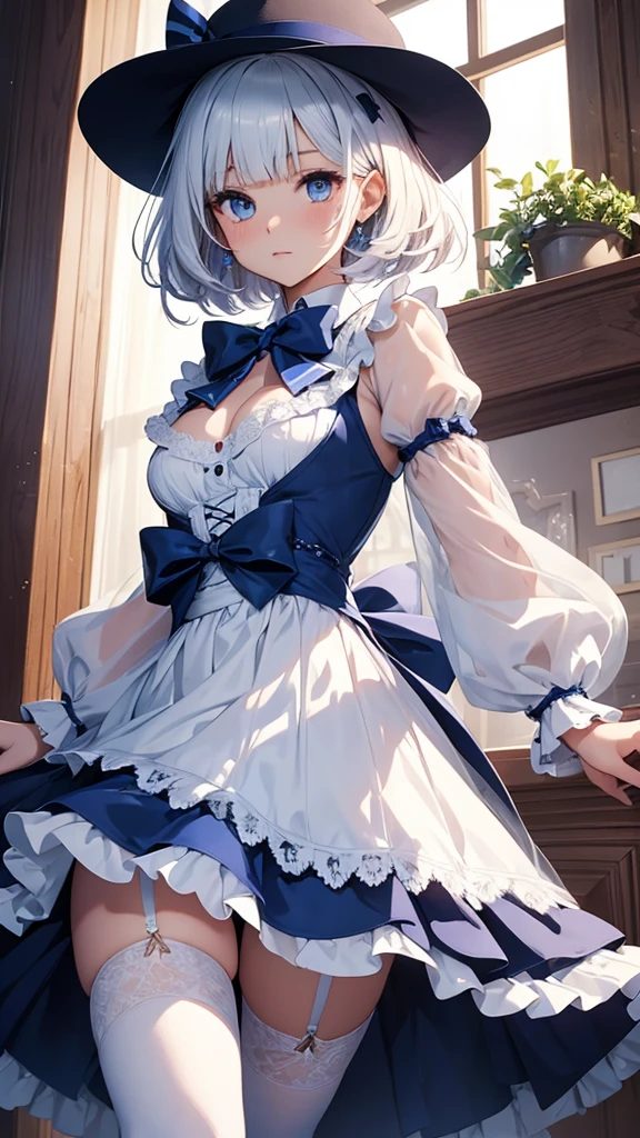 best quality, ultra-detailed, an extremely delicate and beautiful, high resolution, extremely detailed CG, masterpiece,
nelke_cos,
see-through,dress, long sleeves, striped bow,bow, striped,cleavage, striped,overskirt,striped ribbon,ascot,white mini skirt,
blue footwear, blue thighhighs,thighhighs,thigh boots,
hat.
(small breasts:1.2),(flat chest:0.5),
dynamic pose,cowboy shot,
deep blue eyes,
short cut hair,
blunt bangs,
white hair,