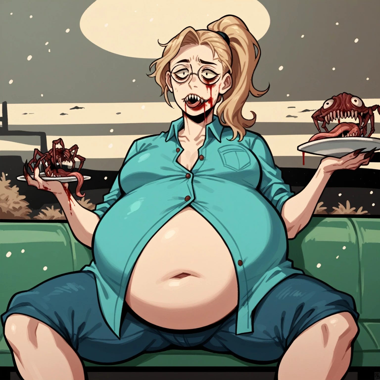 1girl, rapid mutation, sharp_teeth, bifurcated jaw, blood from mouth, long tongue, sharp claws, arthropod limbs, exposed bone, tentacles, blood stain, deformed, creature, monster, aliens, no humans, body horror, down jacket, solo, horror \(theme\), outdoors, night, snowing, snowfield, winter, The Thing,