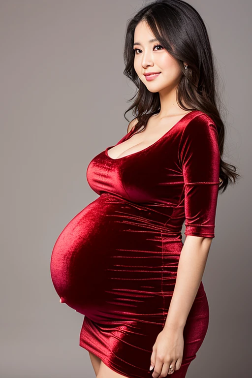 Beautiful 9 months pregnant woman wearing velvet tight maternity dress having contractions pain holding her big belly