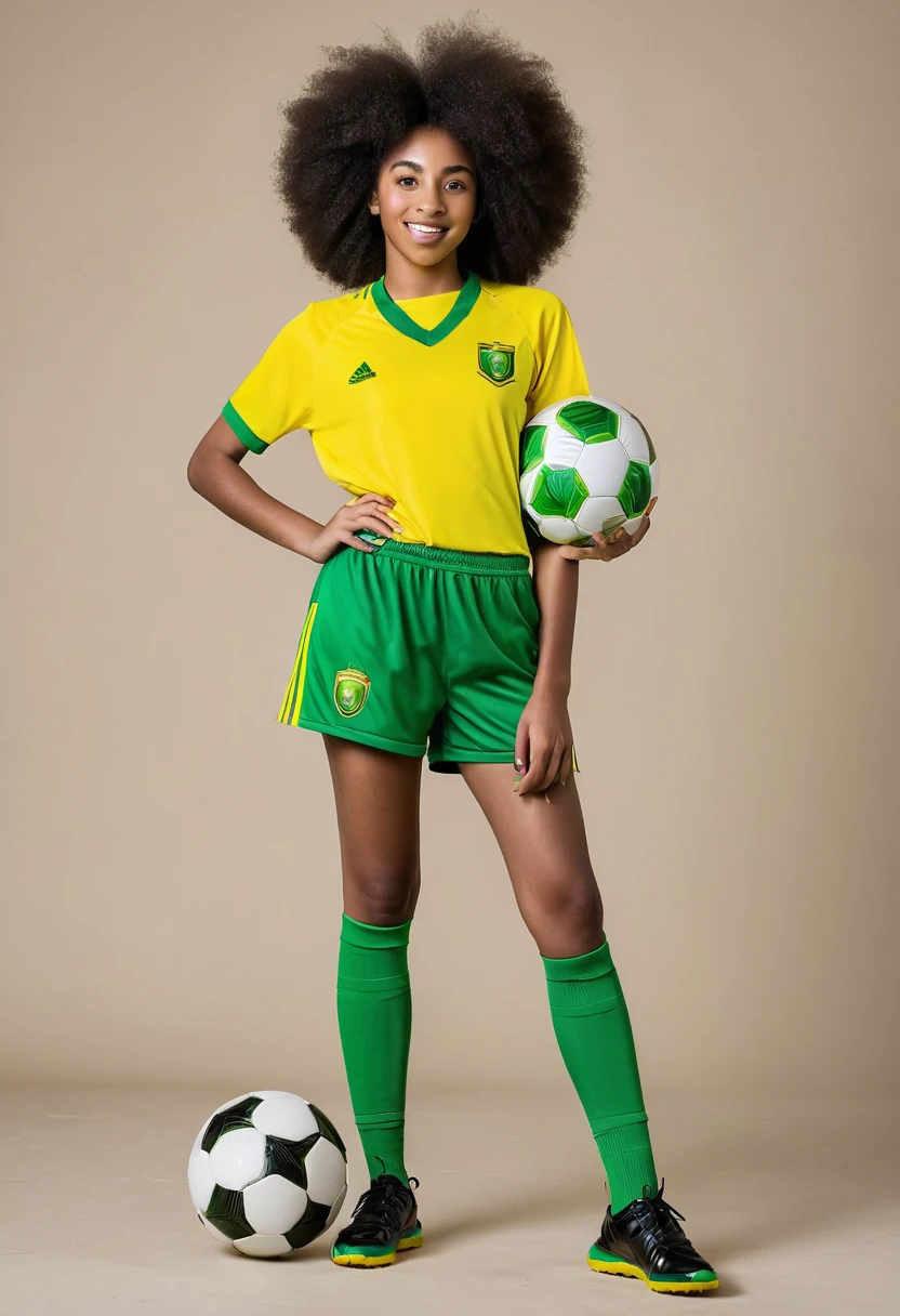  afro girl with green and yellow sports soccer set, holding a soccer ball