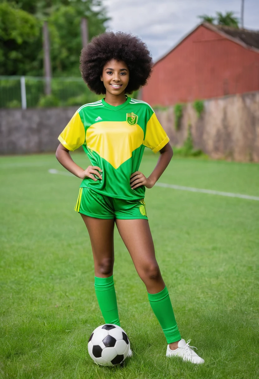 16 year old afro girl with green and yellow sports soccer set, holding a soccer ball
