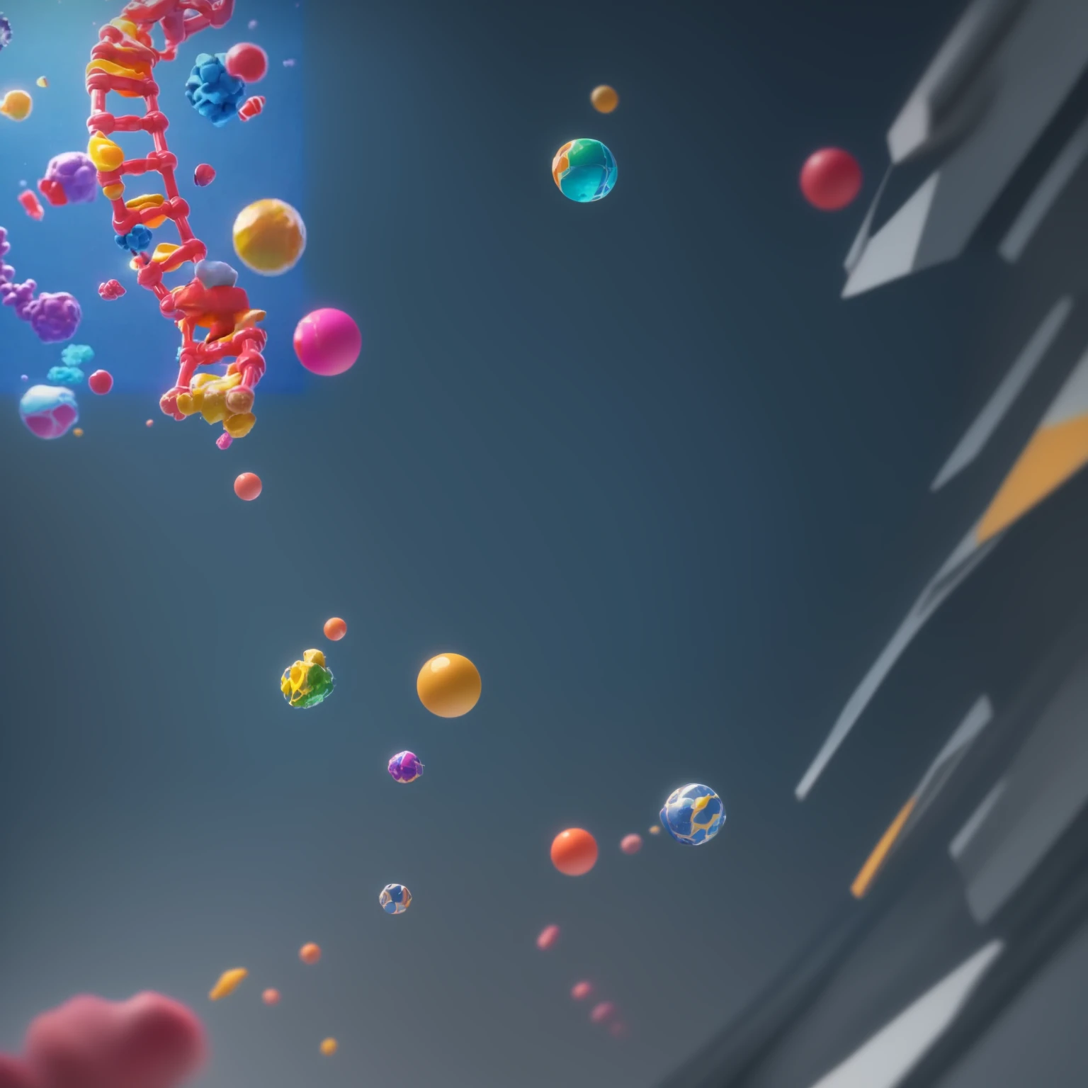 a close up of a model of a DNA structure with many colored balls, morph DNA, DNA strands, DNA, DNA helix, c 4 d ”, molecular, cell phone, bio faux fur, video musical, colorful octane rendering, Cinema 4D render colorido, Brilliant microscopic view realism, vivid and colorful octane rendering, motion graphic, television advertisement, cell phone structures