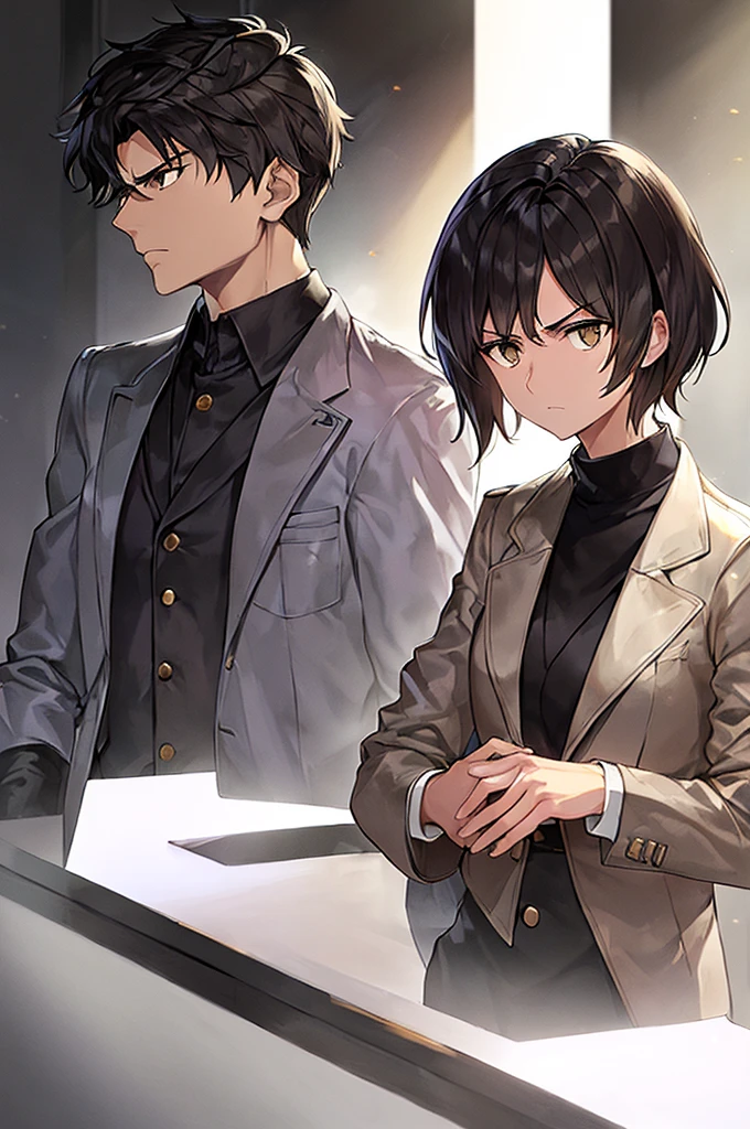 best quality, dark brown eyes, very short black hair, disheveled hair, man, masterpiece, beige detective jacket, detective clothing, white shirt inside, serious, serious look, short hair, hands in the jacket , looking straight ahead, looking straight ahead.
