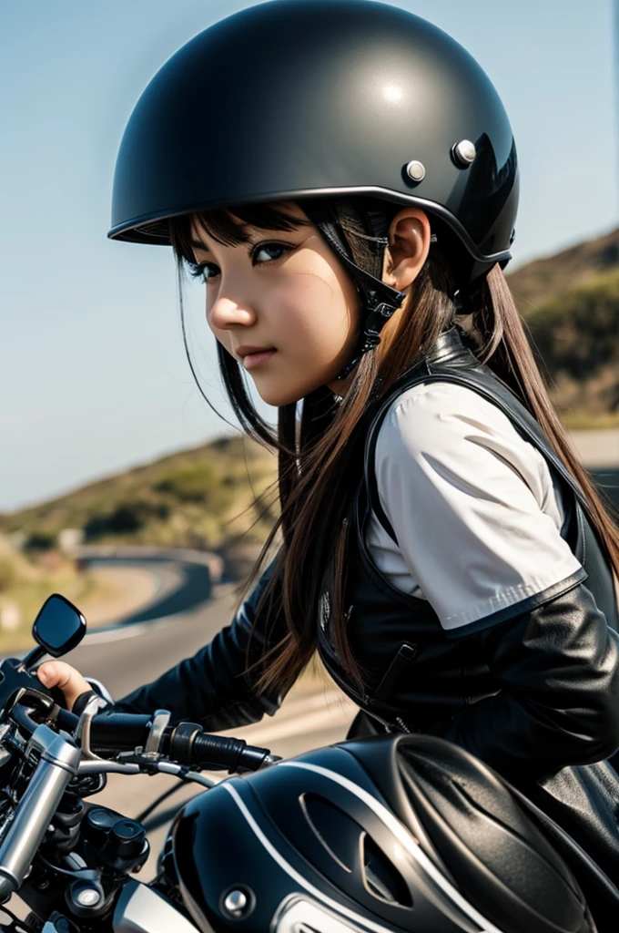 Anime girl on a motorcycle wearing a helmet
