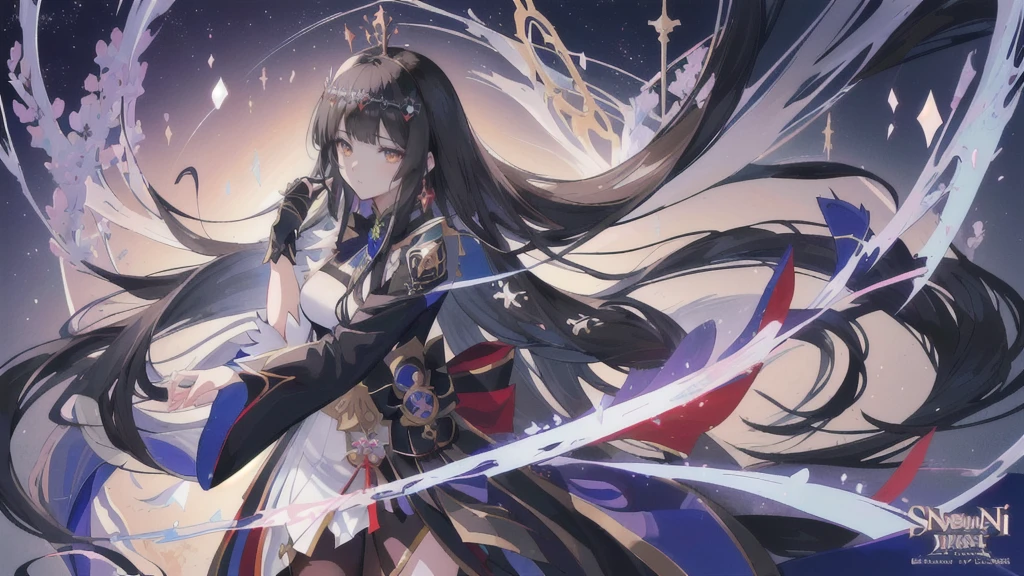 Anime girl with long black hair and a crown on her head, Official artwork with high detail, Ayaka Genshin Impact, detailed key anime art, Brunette magician, Hestia, Black, Extremely detailed Artgerm, fate grand order, Kushat Krenz Key Women in Art, Shatir Bloodfall, Portrait of the Knights of the Zodiac, Anime Goddess