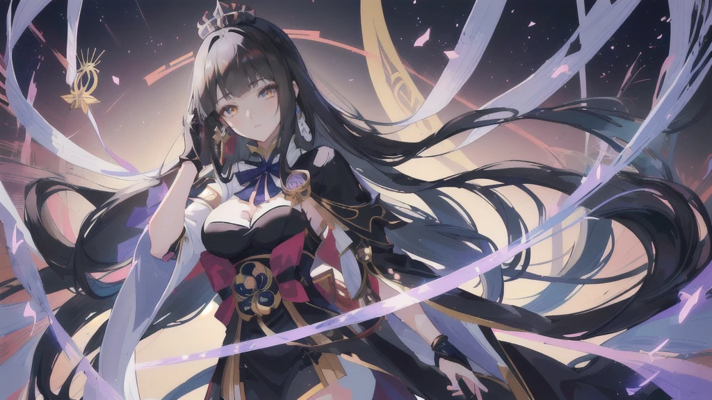 Anime girl with long black hair and a crown on her head, Official artwork with high detail, Ayaka Genshin Impact, detailed key anime art, Brunette magician, Hestia, Black, Extremely detailed Artgerm, fate grand order, Kushat Krenz Key Women in Art, Shatir Bloodfall, Portrait of the Knights of the Zodiac, Anime Goddess