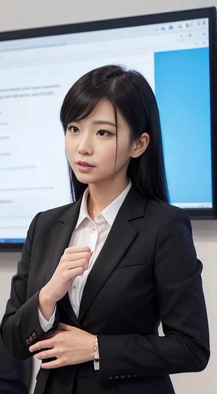 Please draw a beautiful woman who is a business leader.。She wears a suit、Giving a presentation in the conference room。Black Hair