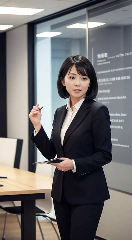Please draw a beautiful woman who is a business leader.。She wears a suit、Giving a presentation in the conference room。Black Hair