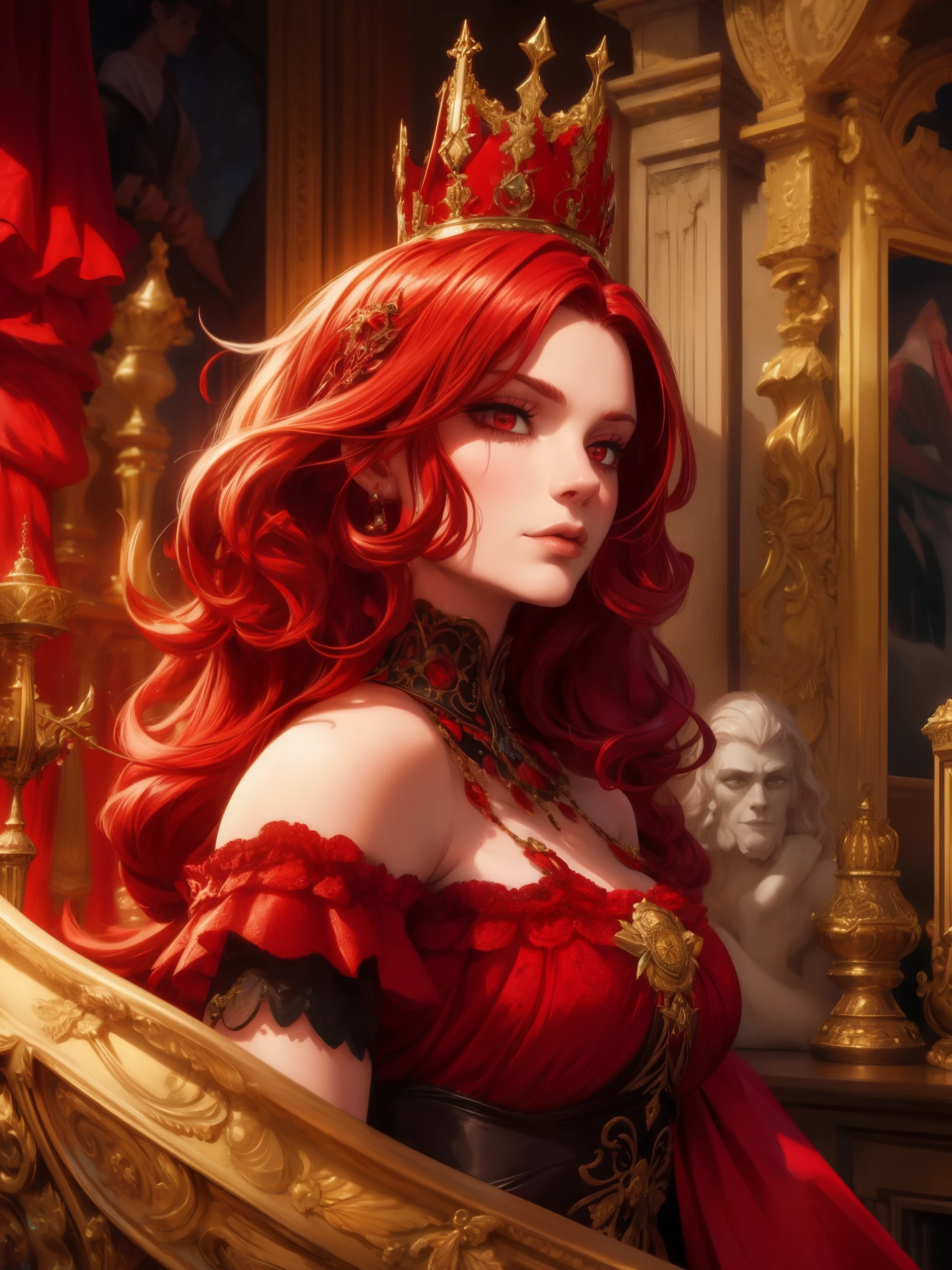 a crimson queen, detailed portrait of a beautiful woman with striking red hair, crimson dress, haunting crimson eyes, porcelain skin, delicate facial features, mysterious expression, intricate crown or headpiece, ornate gothic jewelry, dark background, dramatic lighting, cinematic composition, digital art, oil painting style, photorealistic, hyperrealistic, chiaroscuro, moody, atmospheric, dramatic, cinematic, fantasy, ethereal, elegant, regal