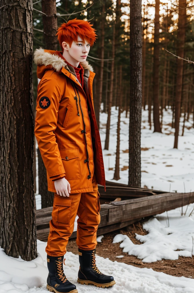 A cute anime boy with orange red hair, red eyes, pale skin, red parka with gold tips, red scarf with gold tips, brown cargo pants and boots