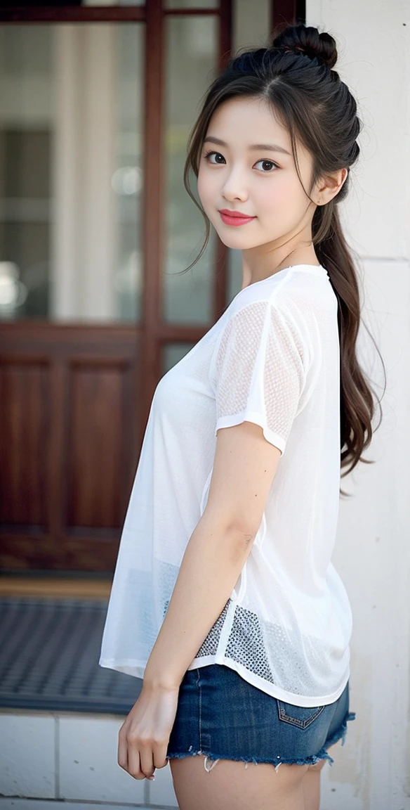 Sunburn marks on tanned skin、blush、Blonde bun hair,A cute 37-year-old girl with a cute look, A strong wind blows my hair in front of my face、Beautiful big sparkling eyes, Cute eyes hidden by long bangs、Yawn、No visible nasolabial folds、A short, light-colored miniskirt、A summer shirt with cute colorful patterns、Korean Beauty、Cheeks