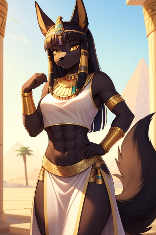 ((masterpiece)), ((best quality)), ((perfect face)), trending on artstation, furry, furry style , anthro style, digital artwork of a sexy anubis with rock hard abs, a bare midriff and a bare navel wearing a crop top of her sleeveless white Egyptian dress with long white Egyptian dress skirt, female, dog, tail, tan fur