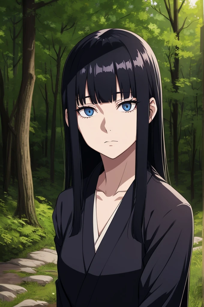 jujutsu kaisen screenshot of a woman with long straight black hair, with straight bangs, with slanted and small blue eyes, In a forest,with mature face, season 2, and with a kimono tsukesage suit