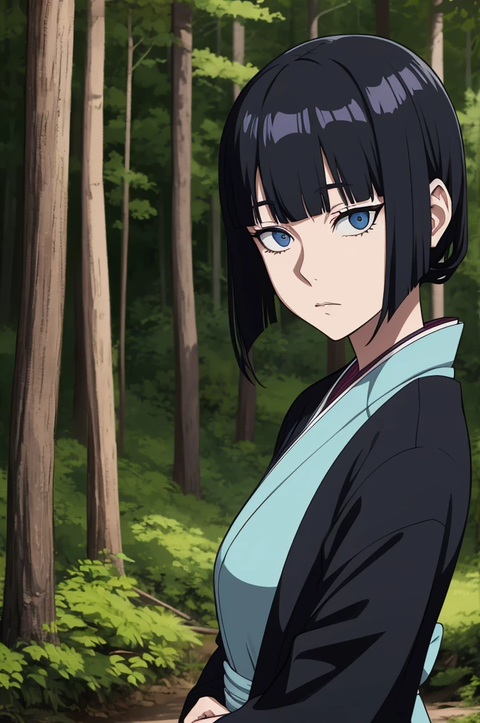 jujutsu kaisen screenshot of a woman with long straight black hair, with straight bangs, with slanted and small blue eyes, In a forest,with mature face, season 2, and with a kimono tsukesage suit
