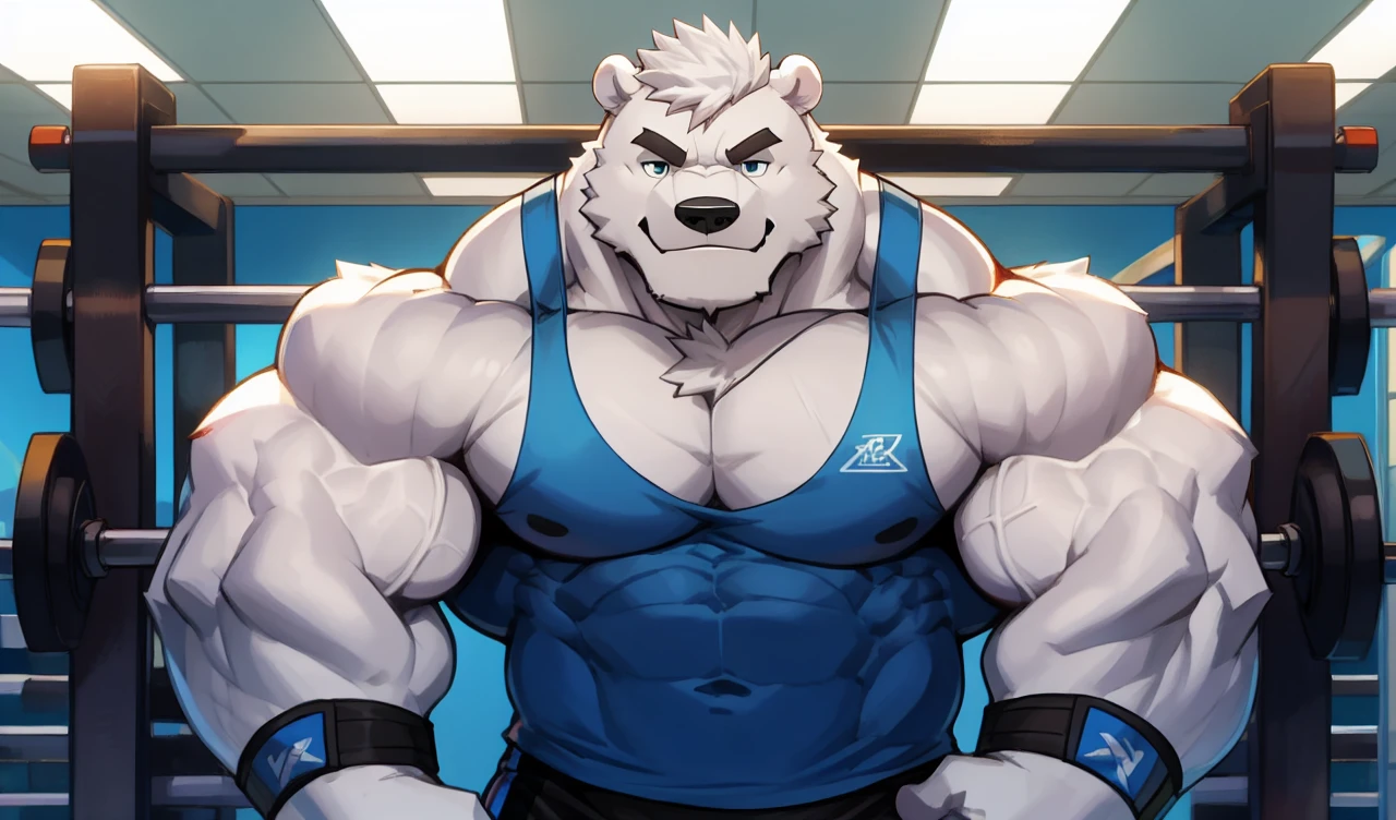 Brock Ólafsson The Huge Muscled Polar Bear, with White Hair, Blue Tank Top, Black Wristbands and Black Gym Shorts, Flexing His Thorax.