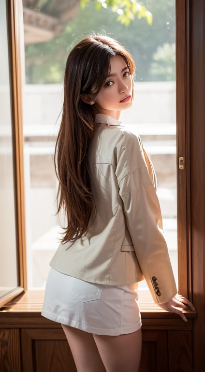 (work of art:1.4), (best qualityer:1.2), podemos sangah, 1 girl, white  shirt, brown jacket, hair orange, trunk
