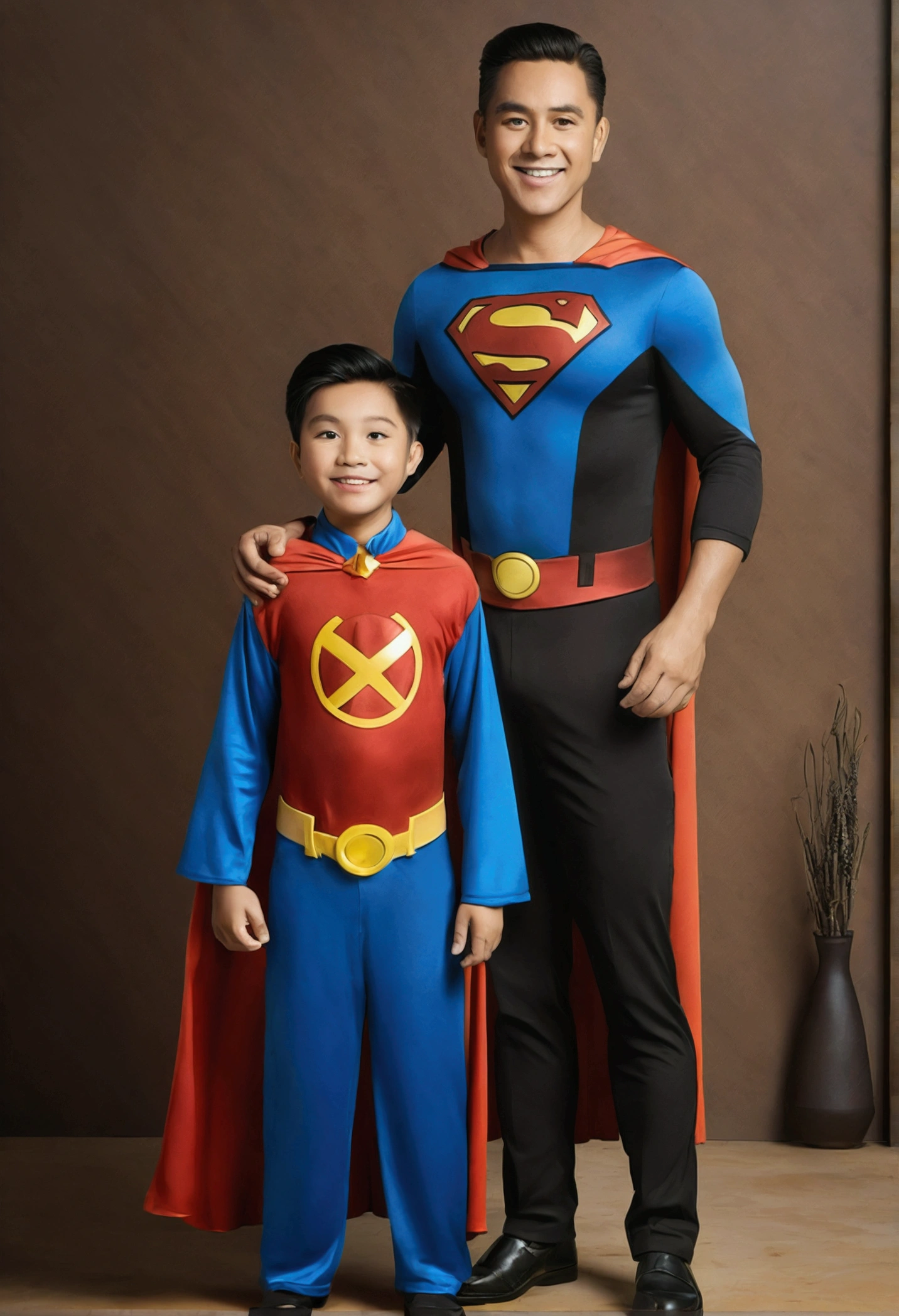 Comando:
Description: Make a boy
Features: He's 4 
Scenario: Disney Drawing Type
Share: He's with his father, Your father is dressed as a superhero.
品質: pixar, 3d, Disney