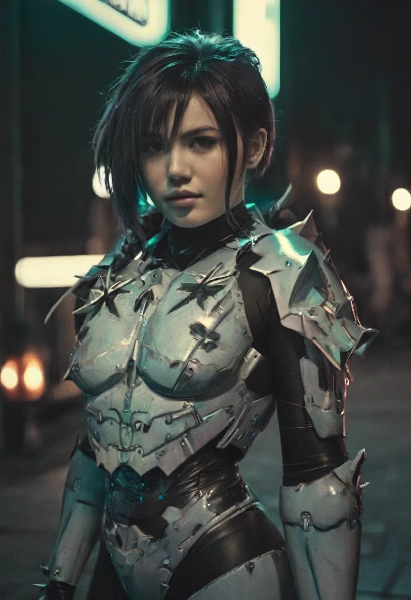 (realistic analog style sharp focus 8k raw photo with soft lighting and high quality:1.1), (hdr film grain:1.2),movie poster, a cute woman wearing a shiny (textured:1.2) (intricate:1.2) cyborgcosplay in a dark street at night, (cinematic hairstyle:1.2)
