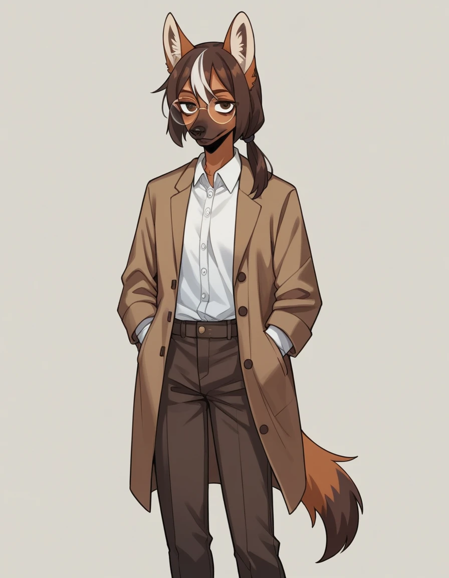 Solo, score_9, score_8_up, score_7_up, score_6_up, score_5_up, score_4_up, source_anime, Anthro furry girl, maned wolf, brown eyes, standing, tall and skinny, long legs, short brown hair, white tips on hair, white highlights on hair, low ponytail. side locks, jitome, bags under eyes, wearing brown detectives coat, closed coat, peacoat, dark brown pants, elegant black stilettos, wearing big round glasses, hands in pocket, 