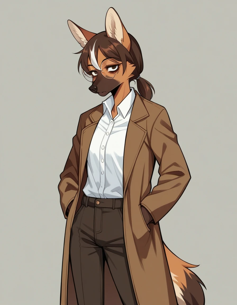 Solo, score_9, score_8_up, score_7_up, score_6_up, score_5_up, score_4_up, source_anime, Anthro furry girl, maned wolf, brown eyes, standing, tall and skinny, long legs, short brown hair, white tips on hair, white highlights on hair, low ponytail. side locks, jitome, bags under eyes, wearing brown detectives coat, closed coat, peacoat, dark brown pants, elegant black stilettos, wearing big round glasses, hands in pocket, 