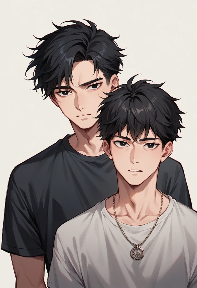 Korean twin boys 7 years old black eyes realistic black hair 