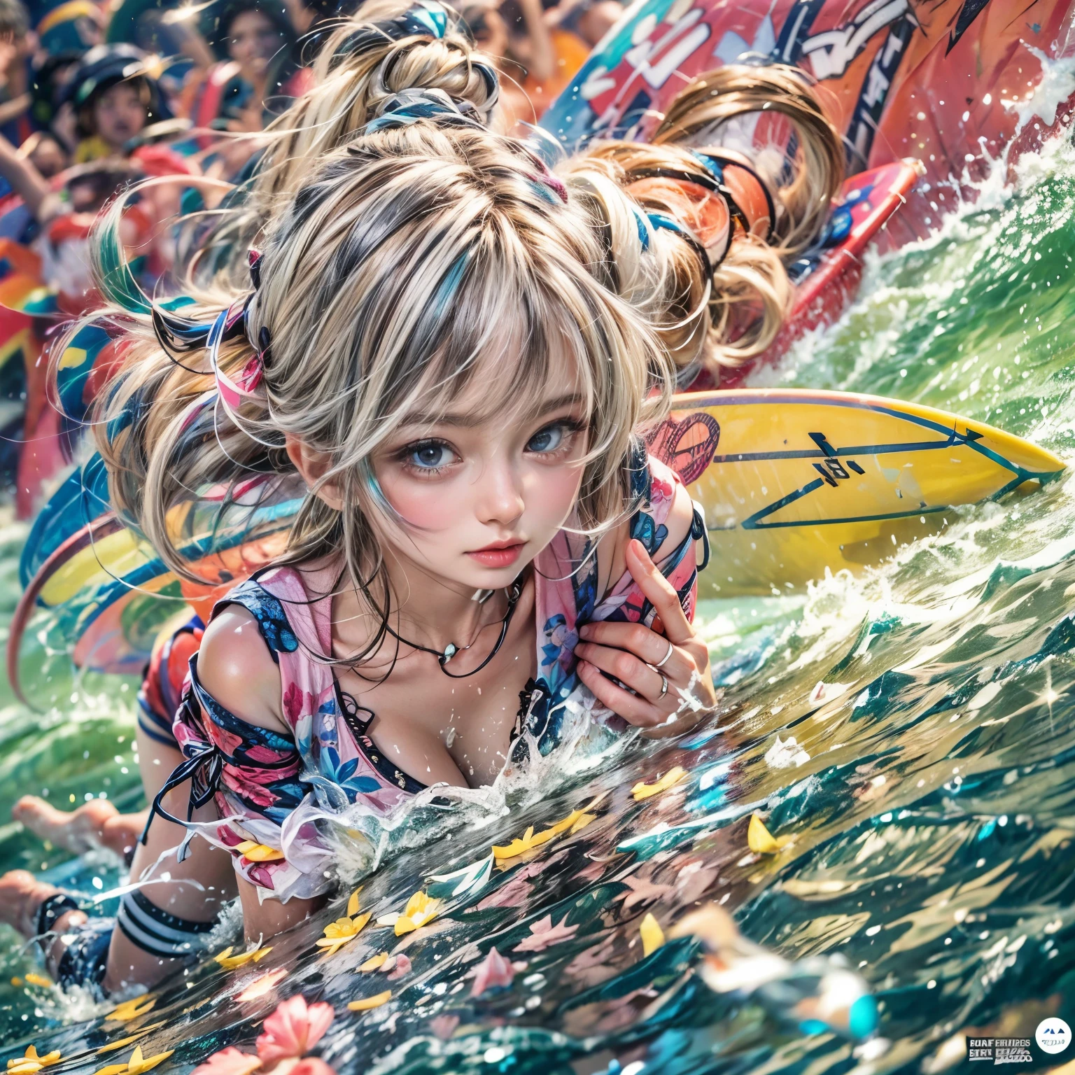 (ZoomedOut:1.4, Wide-shot) (Epic photo of surfer magazine:1.37). beautiful detailed eyes with (sparkling highlights:1.28), (extremely detailed KAWAII face), Dynamic Joyful Expressions LifeLike Rendering (ManoErina:1.0) . Overflowing Gigantic Sideboob (Clearly Visible Beautiful Breast to Buttocks Line) Tiny and RoundlyButt, Detailed clothing texture, Riding on waves (Sloppy Surfboard:-1.2)