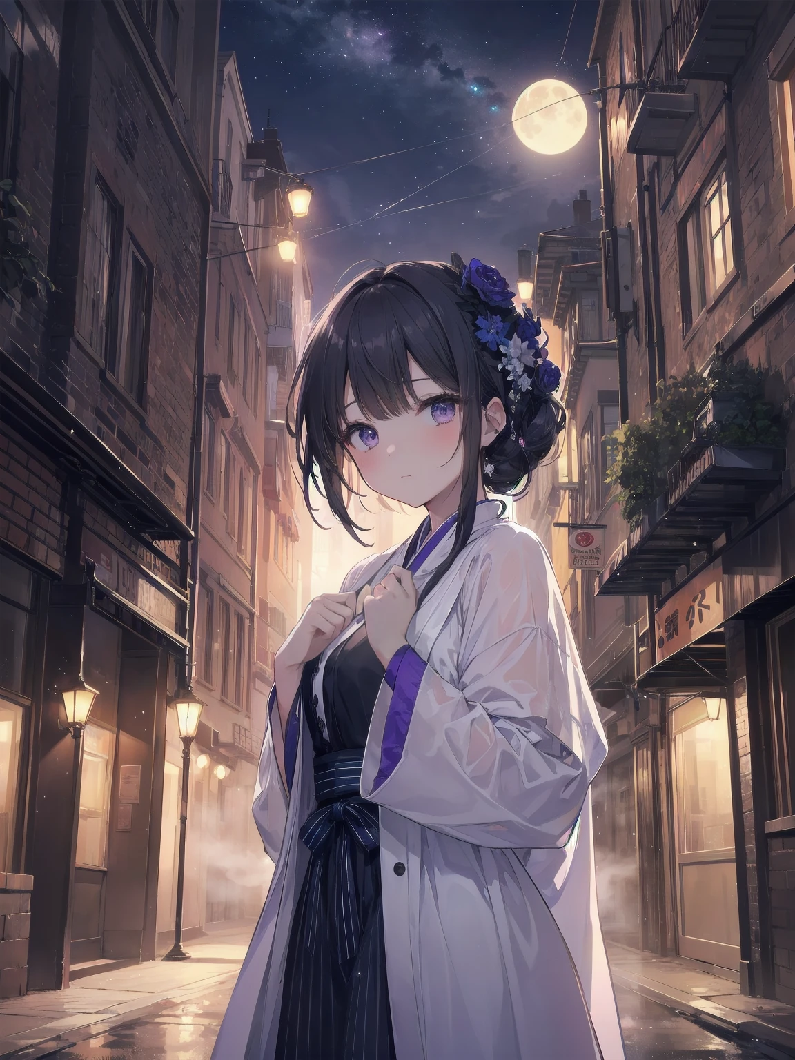 masterpiece, 8k, Highest quality, Very detailed, Purple & A beautiful girl in a blue magical robe with a moon motif、Close-up on the characters、(building, city、A dense fog of fluorescent particles、1800Era、Western style、Fiction、grow、Overwhelming、Detailed street)、A pretty woman with a beautiful background and a lovely pose