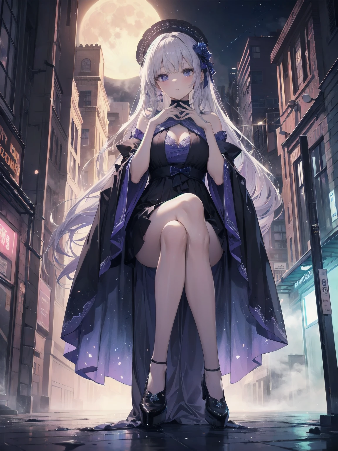 ((masterpiece:1.4,best quality)),(Super detailed),(Extremely detailed eyes),(Shiny socks:1.5),Hello Darkness
(Cute girls),15 years old,(Blood-red pupils,Diamond-shaped pupil:1.15),Purple Eyeshadow,(elongated hair,Thick hair,Single ponytail,shiny hair:1.5)(Changes through:1.2),despair,sad,Empty eyes,tears streaming down my face,tilting its head to the side,
(She wore a blue dress,:1.5),(Black gloves:1.4)Very long plush sleeves,White,White Cloud,Dream bubbles ,Ice and glitter effects
(Black long skirt:1.1),
((Starry Sky:1.2)),
(Intense black and white:1.16),(Depth of Field:1.4),,Intricate details,(((Detailed background,Castle in the Sky,Purple flowers by the lake))),(((Huge breasts,Bare breasts,Deep cleavage,White stiletto high heels,Transparent clothes)))
