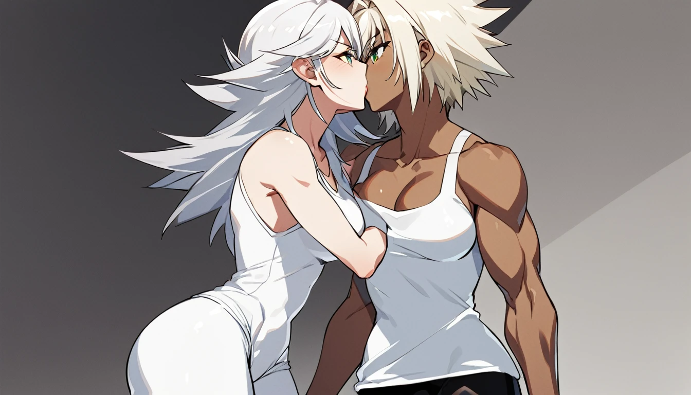 futanari, alone, Saiyan, spiked white hair, green eyes, defined muscles, thin waist, wide hips, dark skin, medium breasts, no clothes, nude, bobs,has a dick,huge dick,cum, cum in pussy, cum inside, futa on female