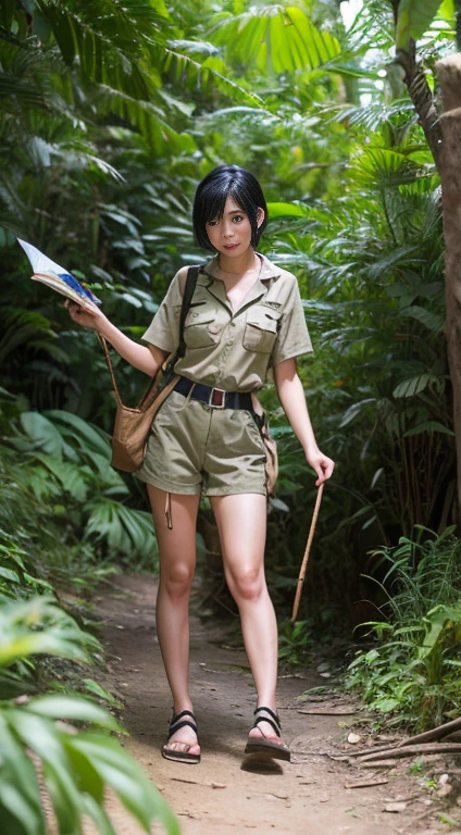 Please draw a beautiful adventurer exploring the jungle.。She is wearing safari clothes、I have a map。Black Hair