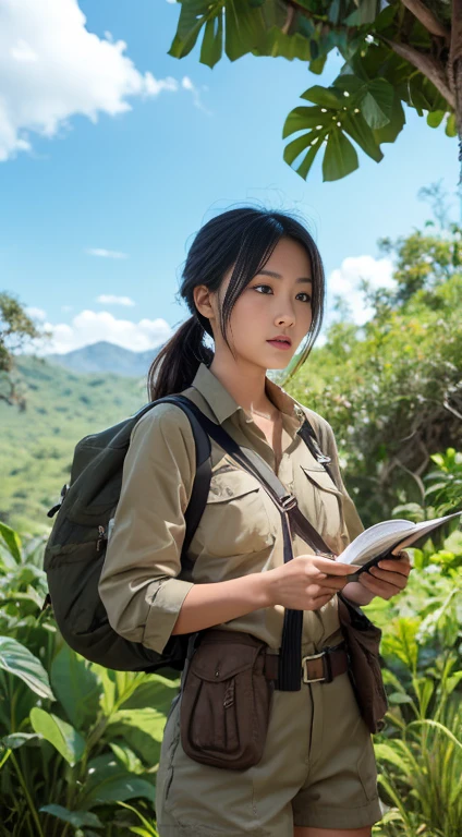 Please draw a beautiful adventurer exploring the jungle.。She is wearing safari clothes、I have a map。Black Hair