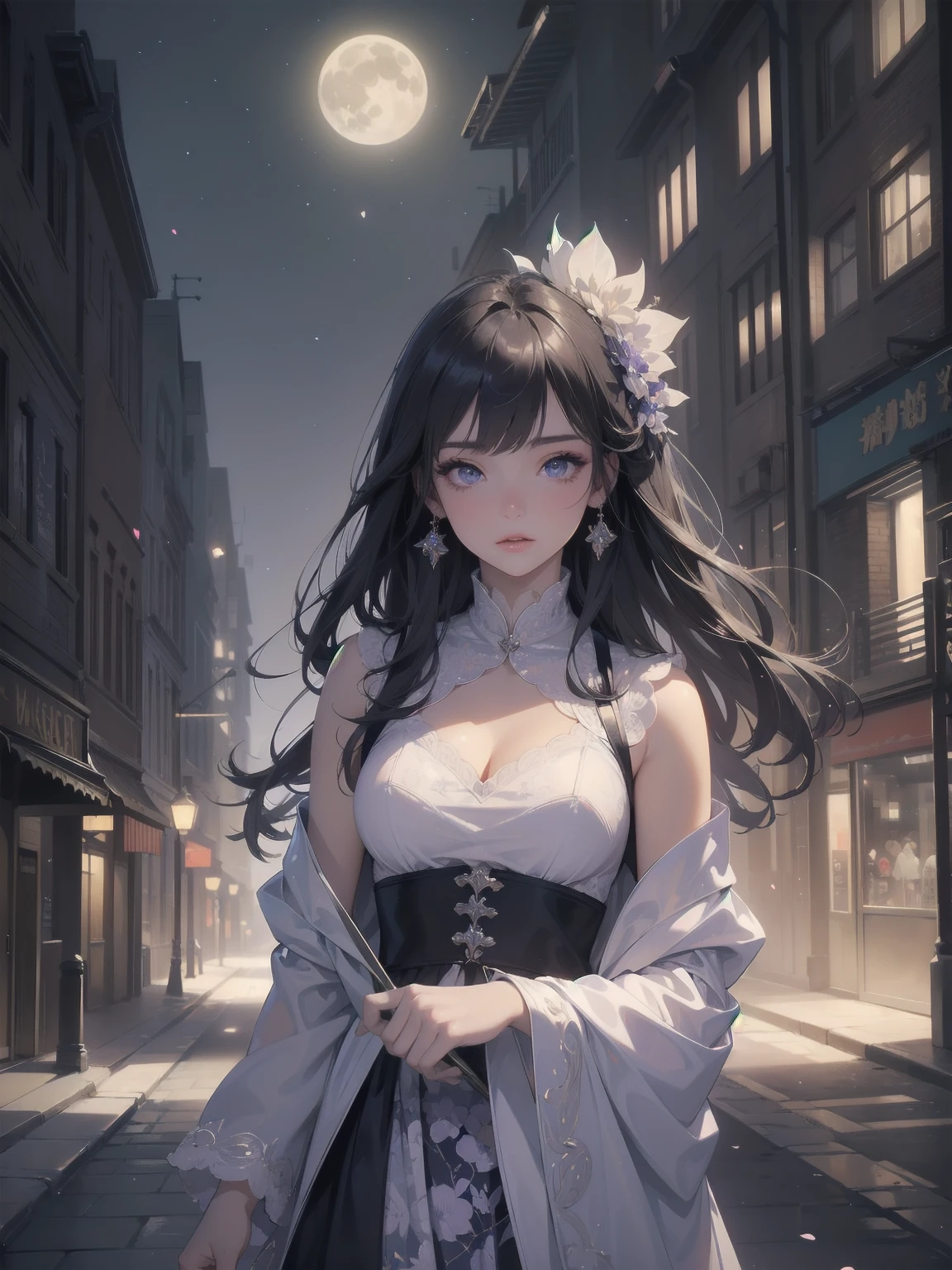 masterpiece, 8k, Highest quality, Very detailed, Purple & A beautiful girl in a blue magical robe with a moon motif、Close-up on the characters、(building, city、A dense fog of fluorescent particles、1800Era、Western style、Fiction、grow、Overwhelming、Detailed street)、A pretty woman with a beautiful background and a lovely pose