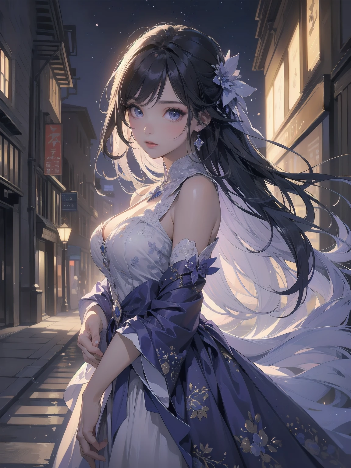masterpiece, 8k, Highest quality, Very detailed, Purple & A beautiful girl in a blue magical robe with a moon motif、Close-up on the characters、(building, city、A dense fog of fluorescent particles、１８００Era、Western style、Fiction、grow、Overwhelming、Detailed street）、A pretty woman with a beautiful background and a lovely pose