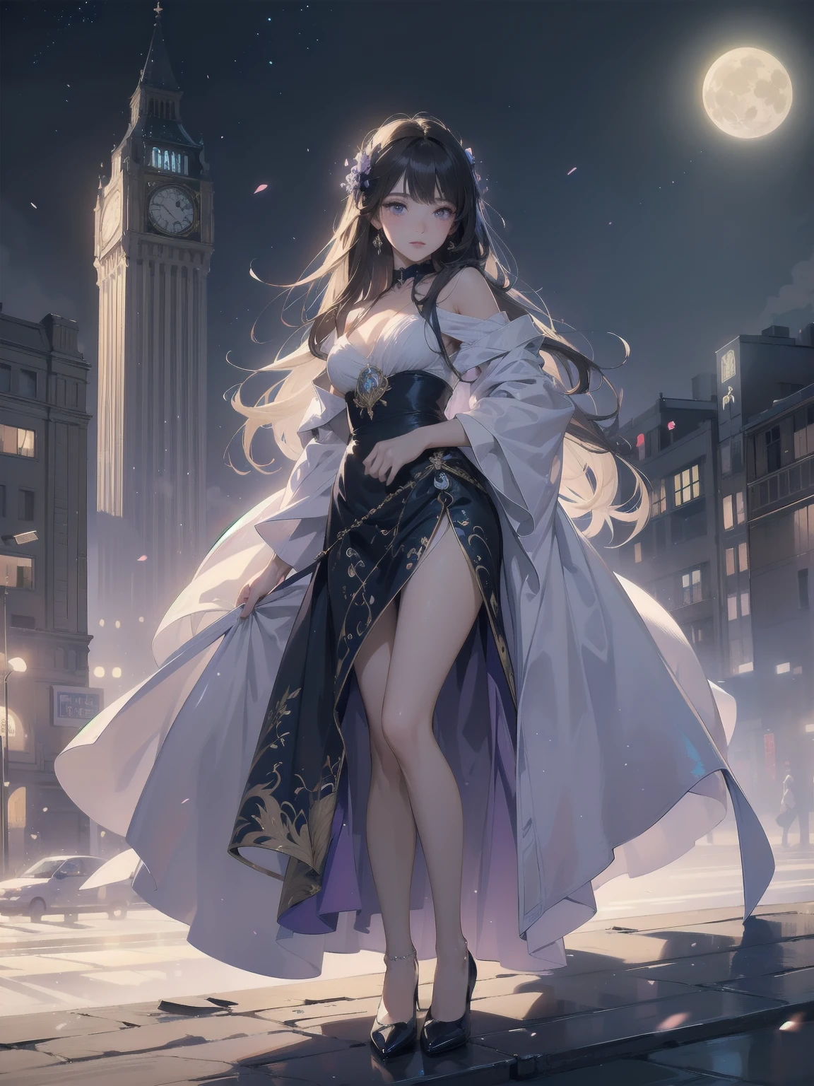 masterpiece, 8k, Highest quality, Very detailed, Purple & A beautiful girl in a blue magical robe with a moon motif、Close-up on the characters、(building, city、A dense fog of fluorescent particles、１８００Era、Western style、Fiction、grow、Overwhelming、Detailed street）、A pretty woman with a beautiful background and a lovely pose