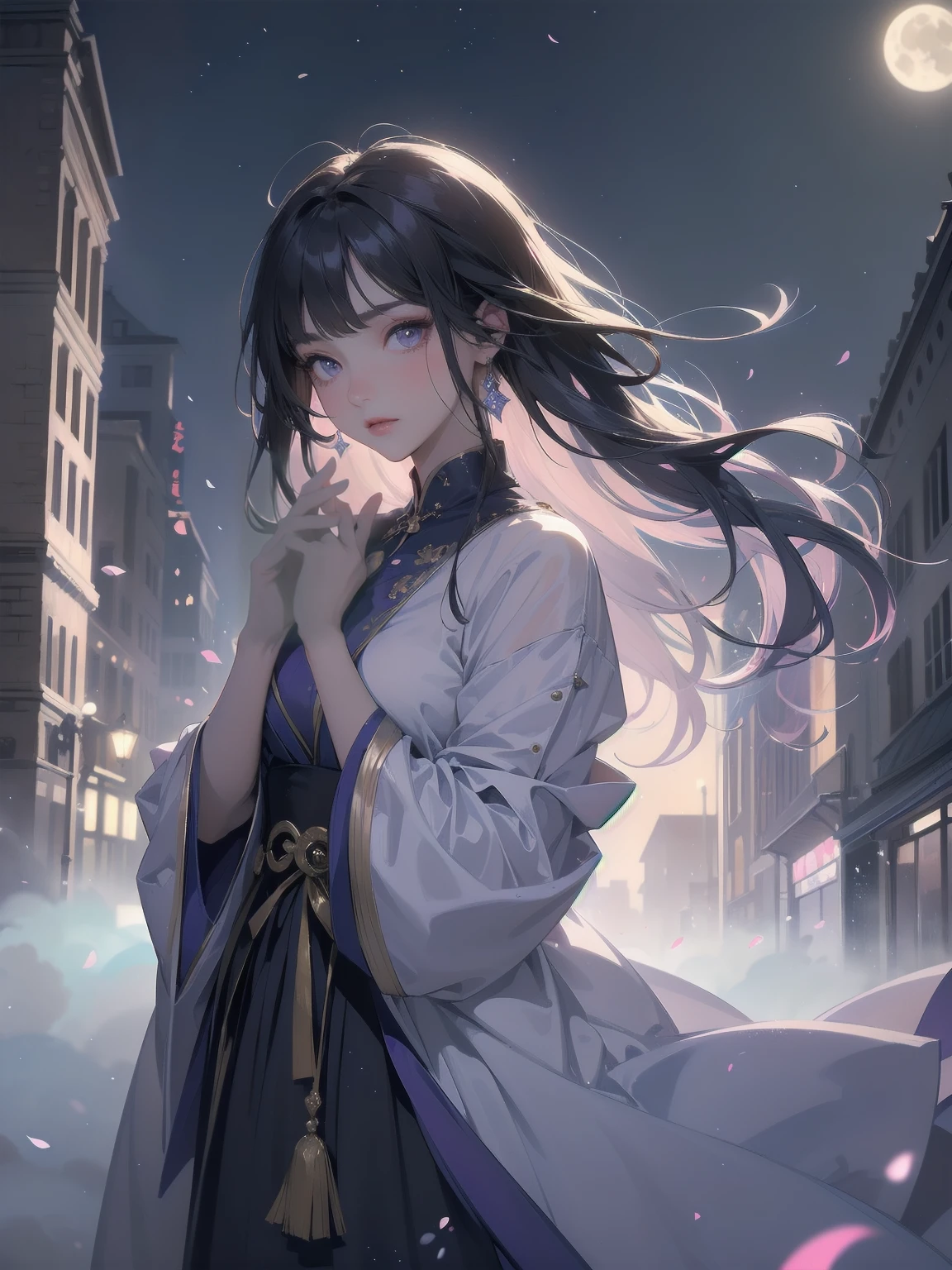masterpiece, 8k, Highest quality, Very detailed, Purple & A beautiful girl in a blue magical robe with a moon motif、Close-up on the characters、(building, city、A dense fog of fluorescent particles、１８００Era、Western style、Fiction、grow、Overwhelming、Detailed street）、A pretty woman with a beautiful background and a lovely pose