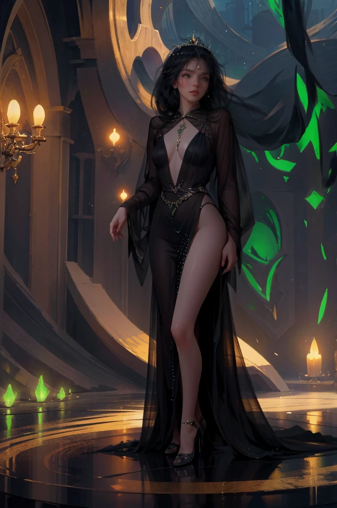 ((aeolian)), 1 ((young)) girl with a beautiful face and green eyes, Princess, full body view, wearing a black cloak, no underwear, very long black hair, fantasy castle landscape, perfect bare feet, slim body, small breasts, naked