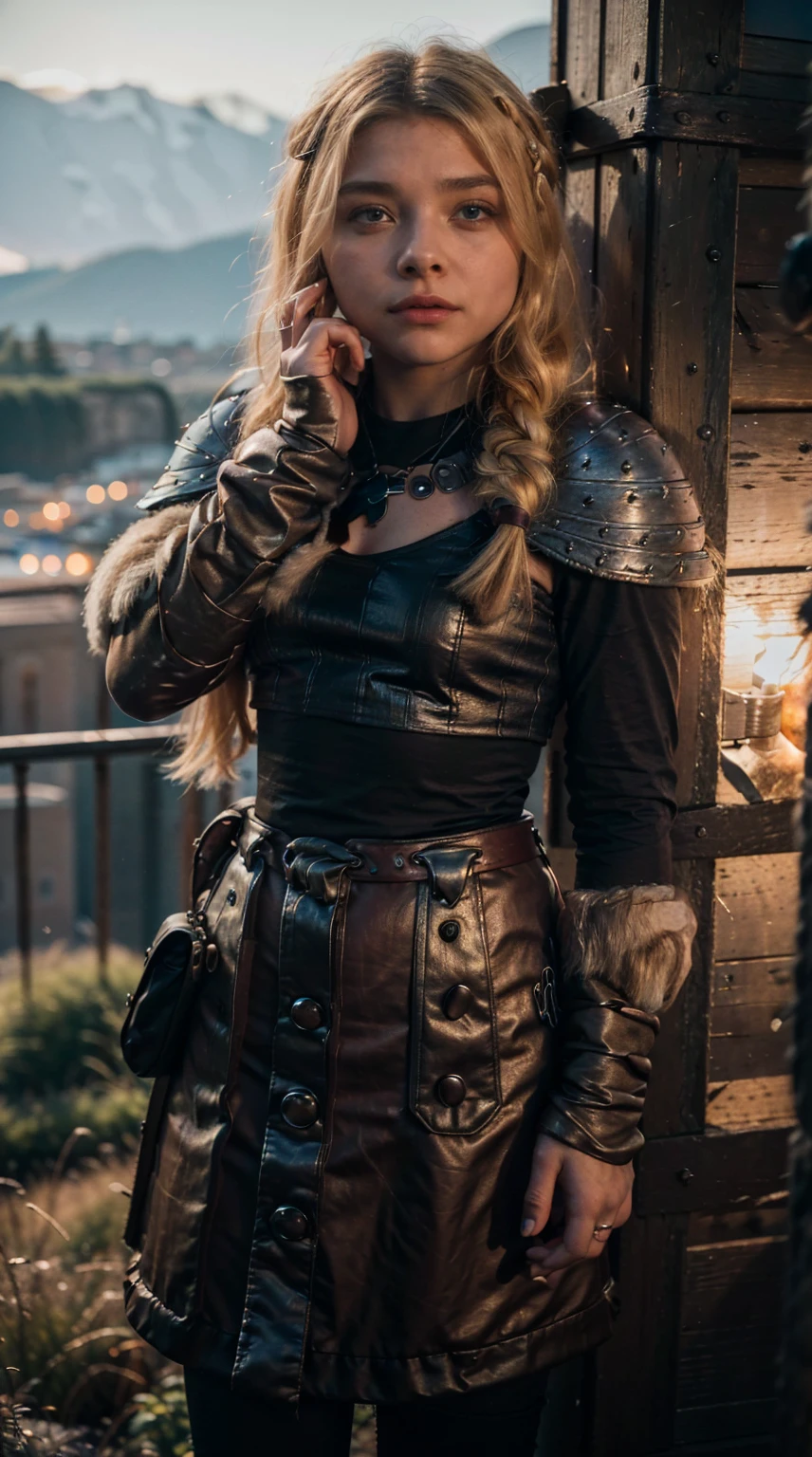 Masterpiece, Best quality,, (photorealistic1.4), (UHD), (epiCRealLife),  (flashphoto),, (photorealistic1.4), (Chloe Grace Moretz smile), (chl03gm), (Astrid Hofferson Costume), (astrid_Character), (Astrid Armor) (AstridWaifu), (cowboy shots), (Medieval outdoor), (castle landscape), (at night), (night time), (moon light), 
