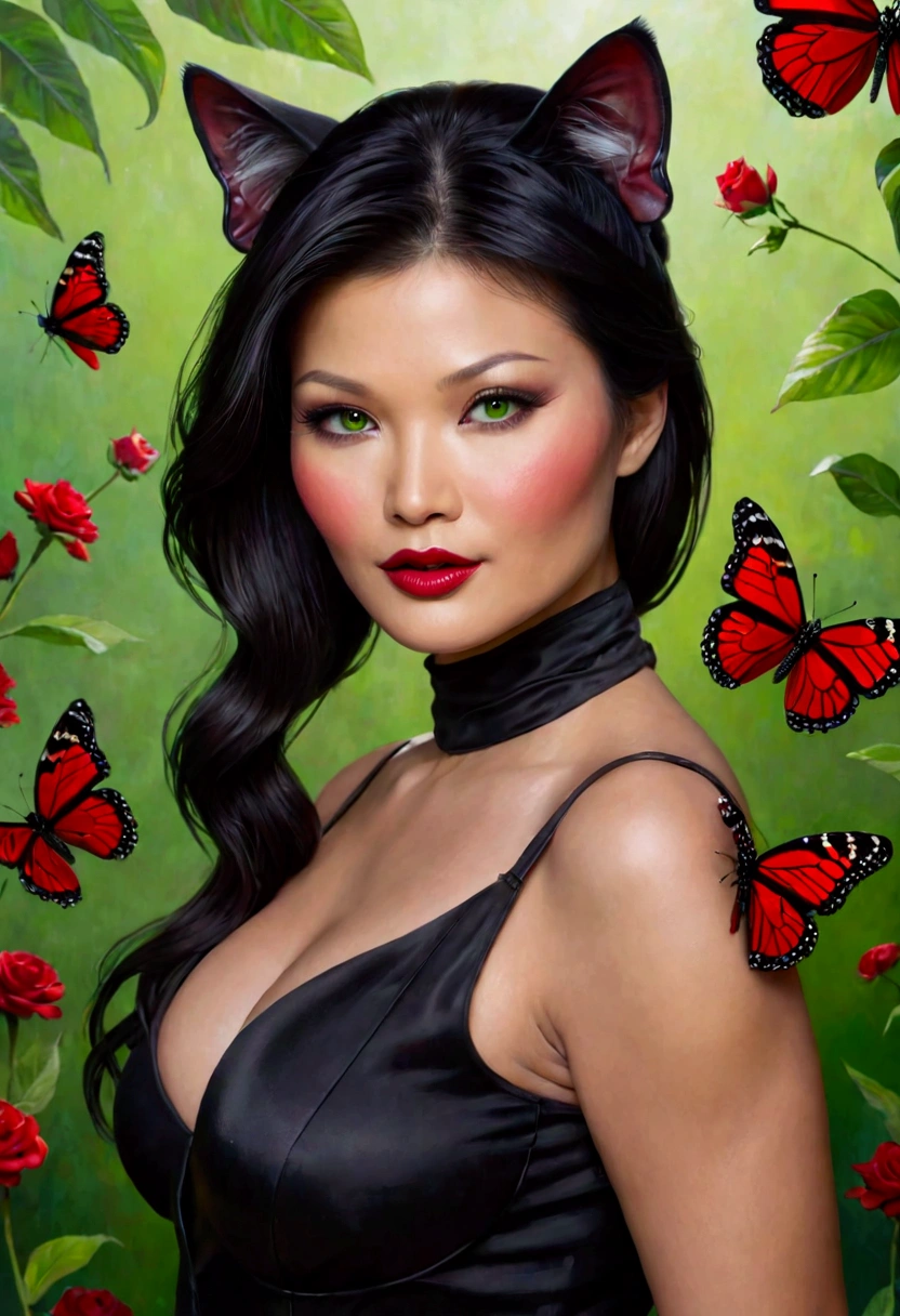 8k, solo, beautiful girl (Kelly Hu), black cat, makeup, blush, lipstick, red lips, portrait, realistic, green eyes, looking at viewer, painting, butterflies,