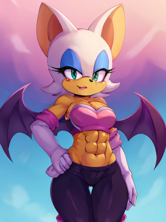 Rouge the bat with abs and a bare midriff wearing a crop top of her outfit with  pants, 