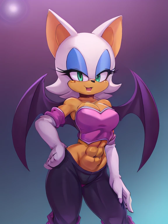 Rouge the bat with abs and a bare midriff wearing a crop top of her outfit with  pants, 