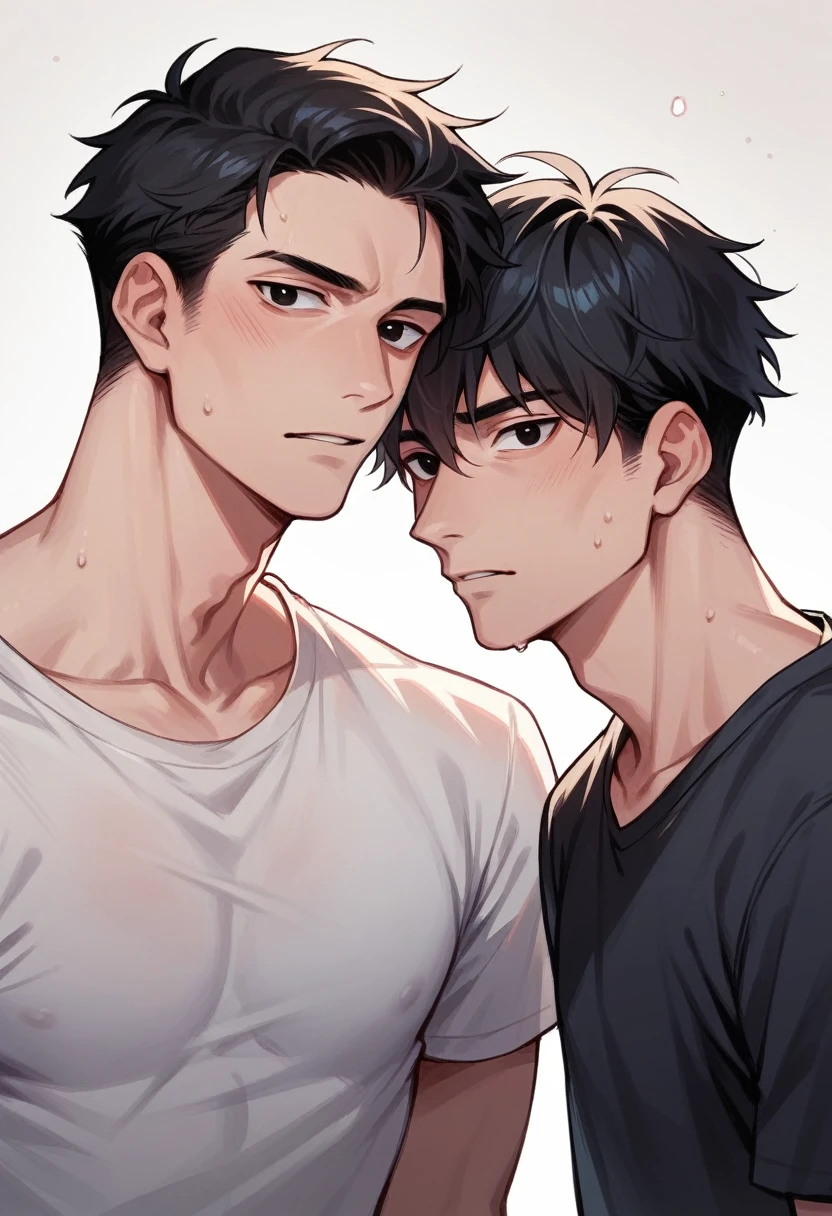 Korean twin boys 7 years old black eyes realistic black hair 