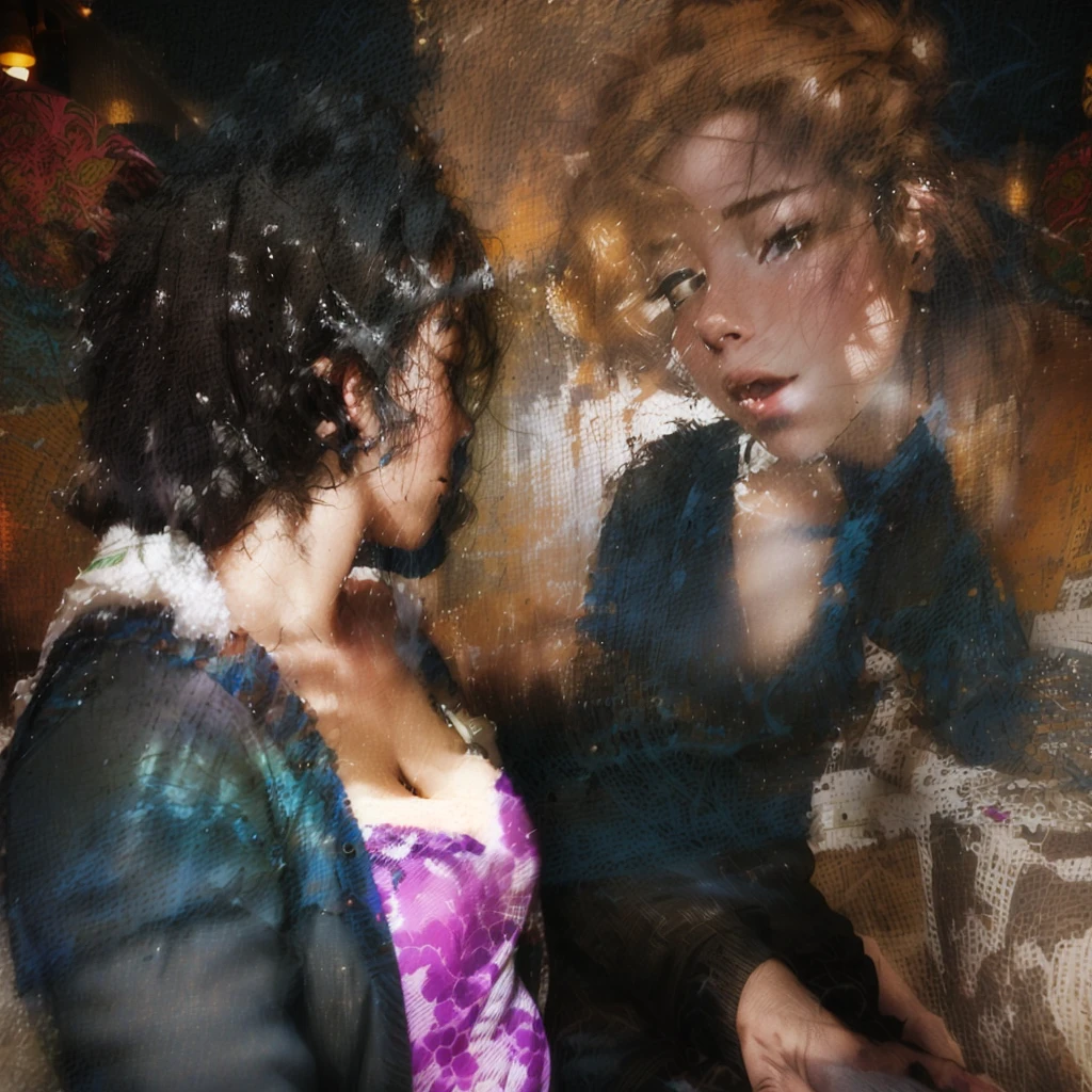 there are two women sitting at a table talking to each other, candid shot, shot from the side, at the , at a bar, with a figure in the background, private moment, over the shoulder shot, taken in night club, side shot, over-shoulder shot, looking left, looking to the side off camera, over-the-shoulder shot, swallow cum, topless, happy