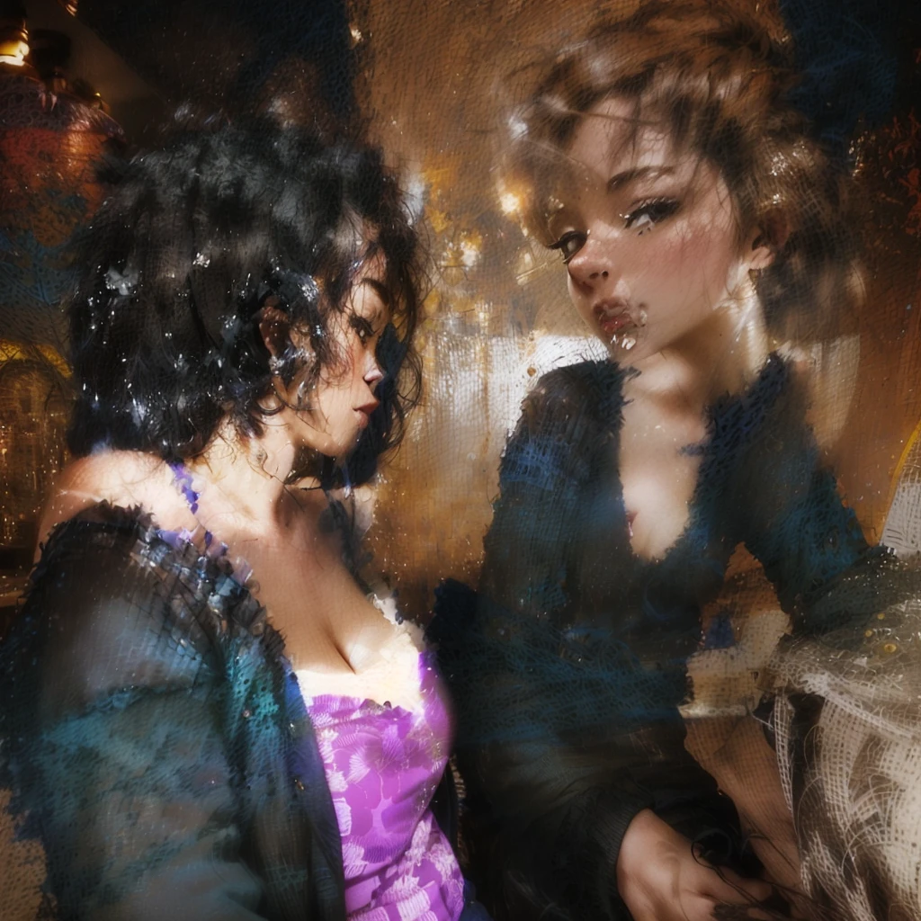 there are two women sitting at a table talking to each other, candid shot, shot from the side, at the , at a bar, with a figure in the background, private moment, over the shoulder shot, taken in night club, side shot, over-shoulder shot, looking left, looking to the side off camera, over-the-shoulder shot, swallow cum, topless, happy