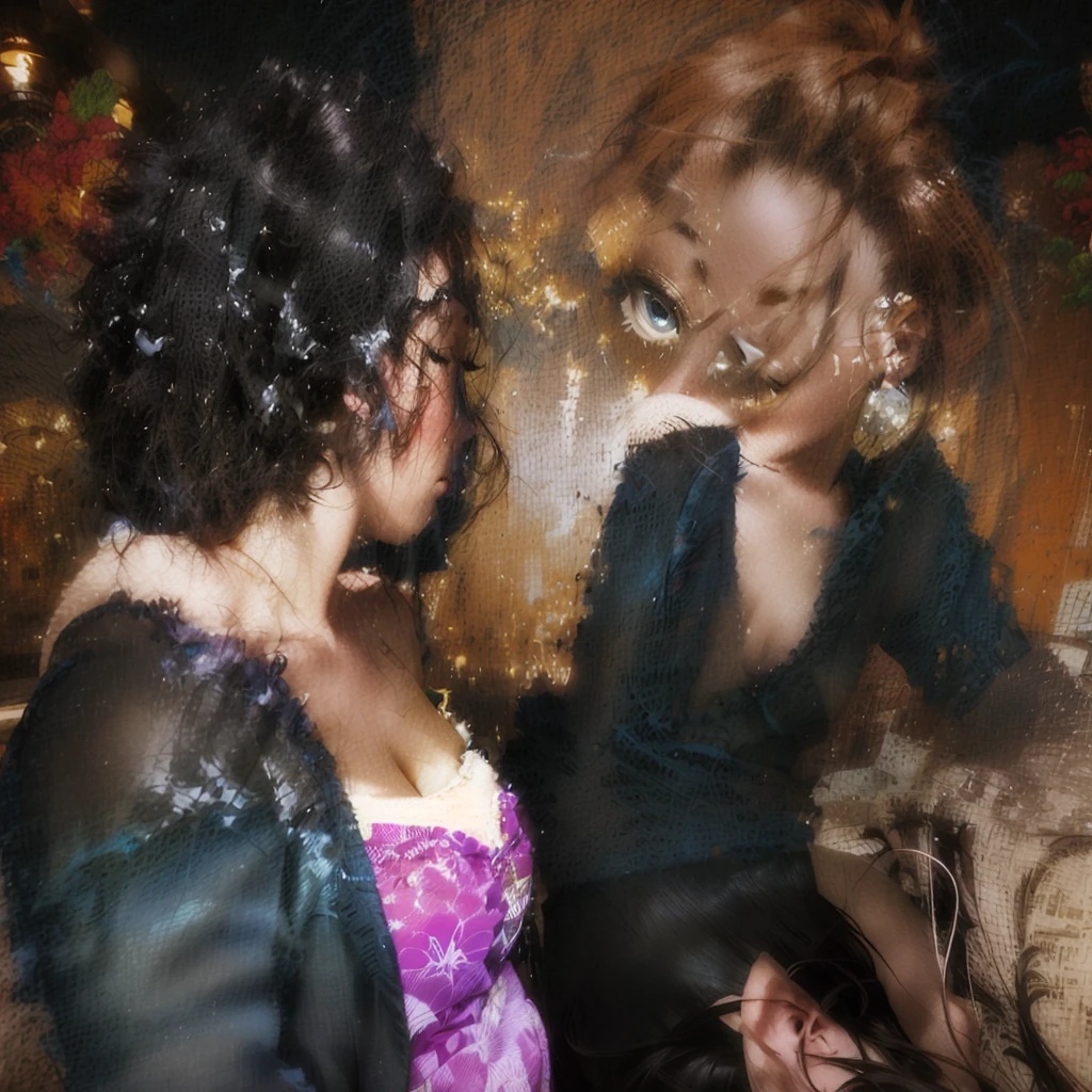 there are two women sitting at a table talking to each other, candid shot, shot from the side, at the , at a bar, with a figure in the background, private moment, over the shoulder shot, taken in night club, side shot, over-shoulder shot, looking left, looking to the side off camera, over-the-shoulder shot, swallow cum, topless, happy