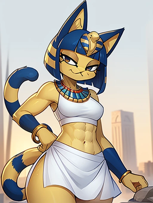 ((masterpiece)), ((best quality)), ((perfect face)), trending on artstation, furry, furry style , anthro style, digital artwork of a sexy ankha with rock hard abs, a bare midriff and a bare navel wearing a crop top of her sleeveless white dress with long white dress skirt, blue Egyptian handbands, yellow and blue fur, cat, tail, female, Egyptian setting, smug face, Egyptian necklace