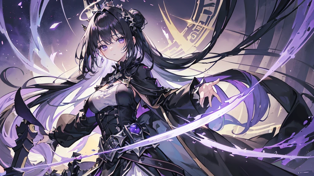 (Super detailed)),((illustration)),((masterpiece)),(((need))),((fine、Highest quality CG Unity 8K wallpapers,masterpiece),((4K,masterpiece,best quality)),Black hair queen,Waist-length hair,Royal sister,Sexy,Tall figure,Lilac eyes,Standing upright in a coffin,Mature,Hair Bunch,Hair tied on both sides,Black and purple French vintage clothing,Gorgeous pure black cape,Black veil,Purple-white halo,Black purple boots,Wearing a crown on the head,Holding a knight's sword,pyramid,Emitting dim purple light,Brilliant palace,The deep sea is filled with coffins,Mysterious symbols,individual,Emit a dim light,Full body picture